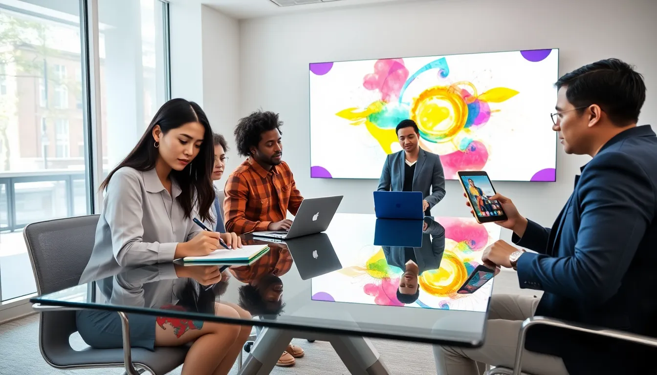 diverse team brainstorming in a modern workspace.